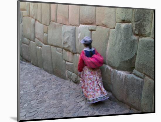 Indian Woman on Cobblestone Street Lined with Inca Stone Walls, Cuzco, Peru-Keren Su-Mounted Photographic Print