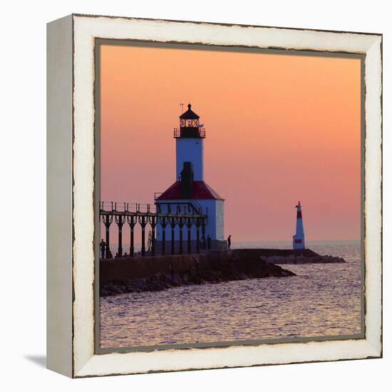 Indiana Dunes lighthouse at sunset, Indiana Dunes, Indiana, USA-Anna Miller-Framed Premier Image Canvas