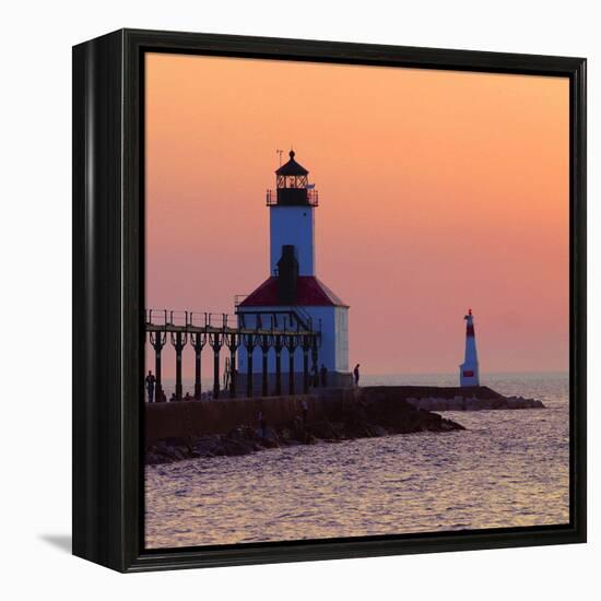 Indiana Dunes lighthouse at sunset, Indiana Dunes, Indiana, USA-Anna Miller-Framed Premier Image Canvas