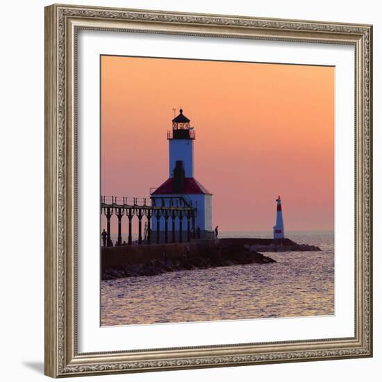 Indiana Dunes lighthouse at sunset, Indiana Dunes, Indiana, USA-Anna Miller-Framed Photographic Print