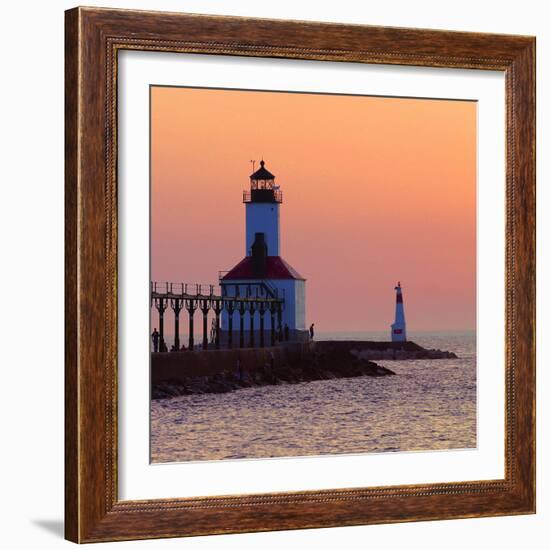 Indiana Dunes lighthouse at sunset, Indiana Dunes, Indiana, USA-Anna Miller-Framed Photographic Print