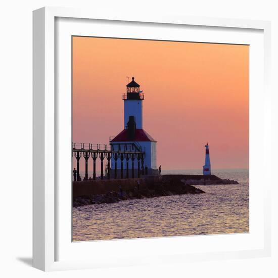 Indiana Dunes lighthouse at sunset, Indiana Dunes, Indiana, USA-Anna Miller-Framed Photographic Print