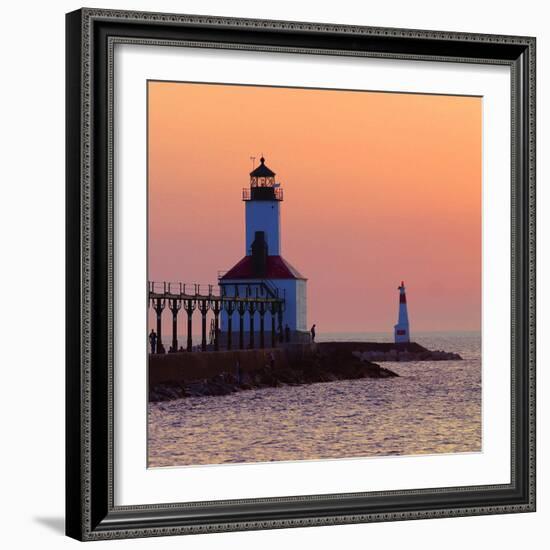 Indiana Dunes lighthouse at sunset, Indiana Dunes, Indiana, USA-Anna Miller-Framed Photographic Print