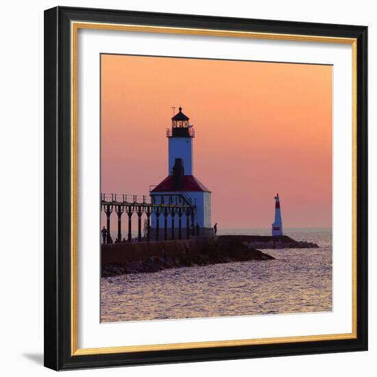 Indiana Dunes lighthouse at sunset, Indiana Dunes, Indiana, USA-Anna Miller-Framed Photographic Print