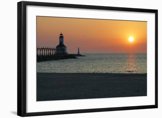 Indiana Dunes lighthouse at sunset, Indiana Dunes, Indiana, USA-Anna Miller-Framed Photographic Print