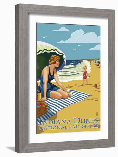 Indiana Dunes National Seashore, Indiana - Woman on Beach-Lantern Press-Framed Art Print