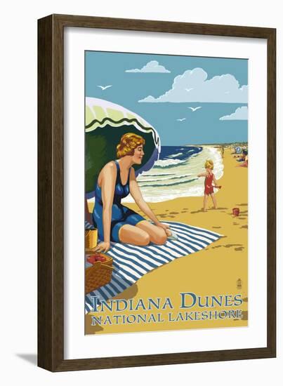 Indiana Dunes National Seashore, Indiana - Woman on Beach-Lantern Press-Framed Art Print