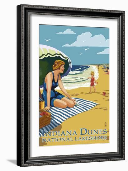 Indiana Dunes National Seashore, Indiana - Woman on Beach-Lantern Press-Framed Art Print