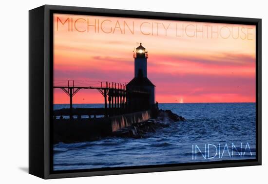 Indiana - Michigan City Lighthouse-Lantern Press-Framed Stretched Canvas