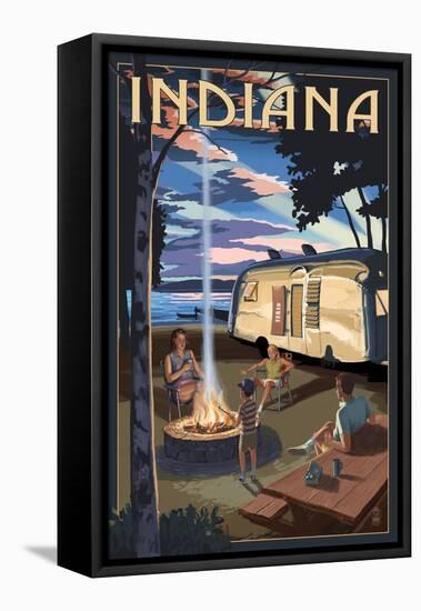 Indiana - Retro Camper and Lake-Lantern Press-Framed Stretched Canvas