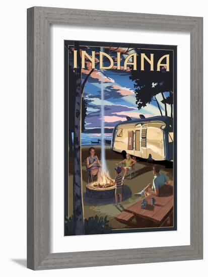 Indiana - Retro Camper and Lake-Lantern Press-Framed Art Print