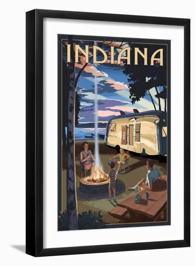 Indiana - Retro Camper and Lake-Lantern Press-Framed Art Print
