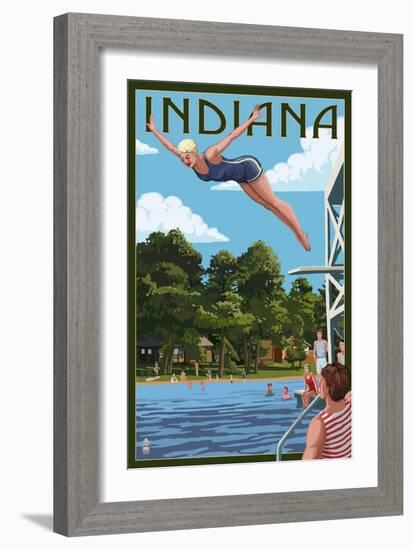 Indiana - Woman Diving and Lake-Lantern Press-Framed Art Print