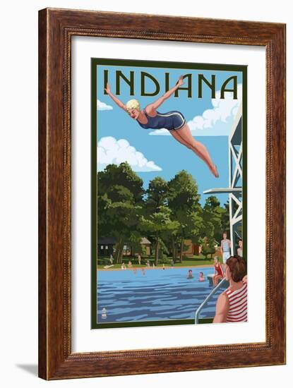 Indiana - Woman Diving and Lake-Lantern Press-Framed Art Print