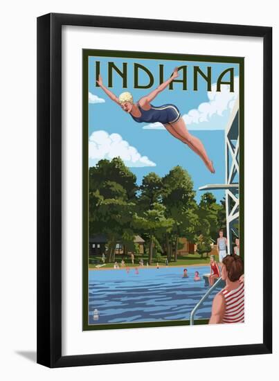 Indiana - Woman Diving and Lake-Lantern Press-Framed Art Print