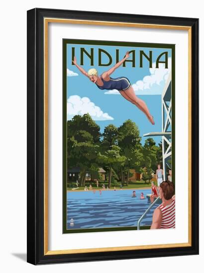 Indiana - Woman Diving and Lake-Lantern Press-Framed Art Print