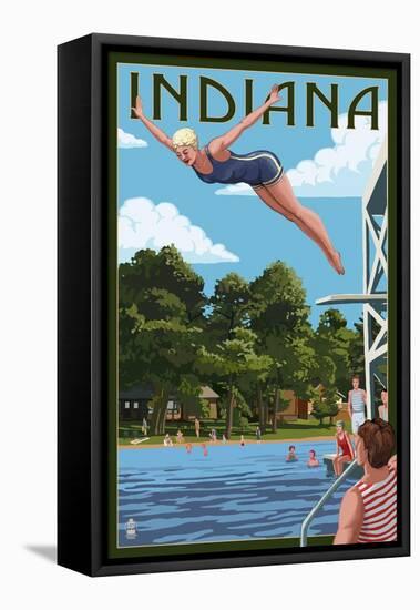 Indiana - Woman Diving and Lake-Lantern Press-Framed Stretched Canvas