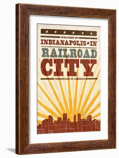 Indianapolis, Indiana - Skyline and Sunburst Screenprint Style-Lantern Press-Framed Art Print