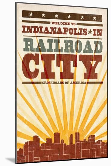 Indianapolis, Indiana - Skyline and Sunburst Screenprint Style-Lantern Press-Mounted Art Print