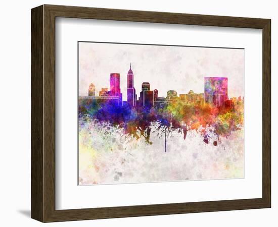 Indianapolis Skyline in Watercolor Background-paulrommer-Framed Art Print