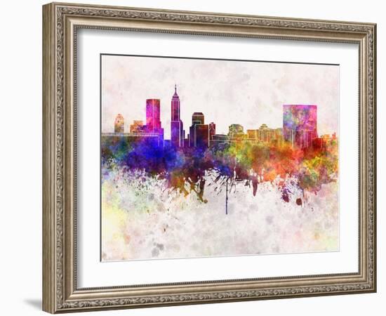 Indianapolis Skyline in Watercolor Background-paulrommer-Framed Art Print