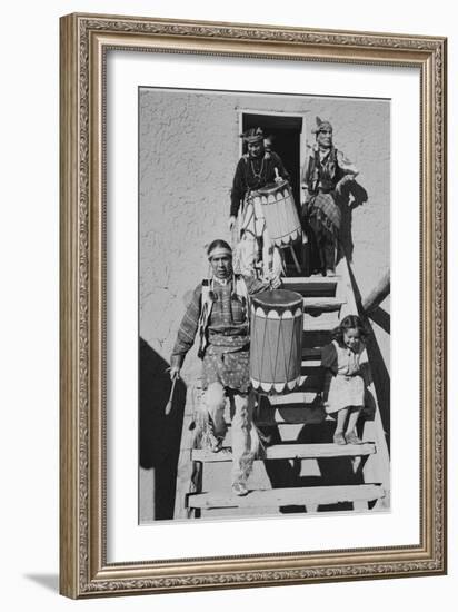 Indians Descending Wooden Stairs Carrying Drums, Dance San Ildefonso Pueblo New Mexico 1942-Ansel Adams-Framed Art Print