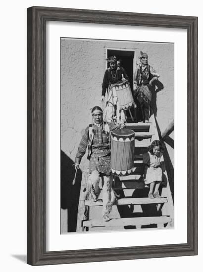 Indians Descending Wooden Stairs Carrying Drums, Dance San Ildefonso Pueblo New Mexico 1942-Ansel Adams-Framed Art Print