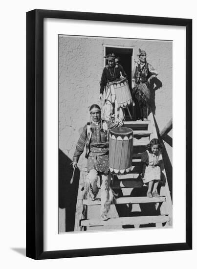 Indians Descending Wooden Stairs Carrying Drums, Dance San Ildefonso Pueblo New Mexico 1942-Ansel Adams-Framed Art Print