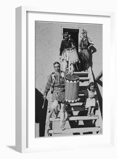 Indians Descending Wooden Stairs Carrying Drums, Dance San Ildefonso Pueblo New Mexico 1942-Ansel Adams-Framed Art Print