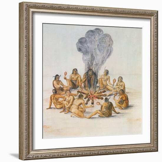 Indians Round a Fire-John White-Framed Giclee Print