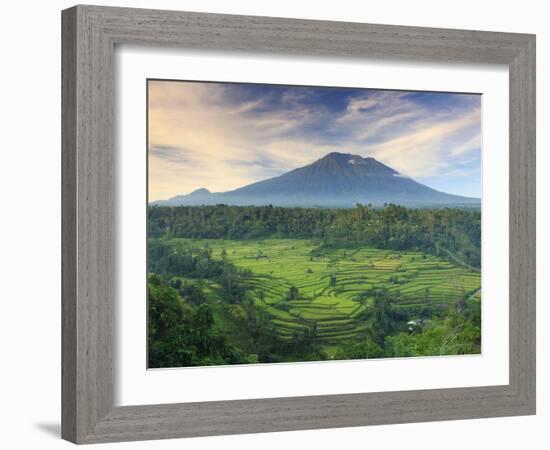 Indonesia, Bali, Redang, View of Rice Terraces and Gunung Agung Volcano-Michele Falzone-Framed Photographic Print