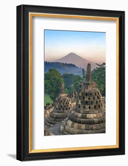 Indonesia, Java, Borobudur. Early Morning Sun Shines on the Dormant Stratovolcano-Nigel Pavitt-Framed Photographic Print