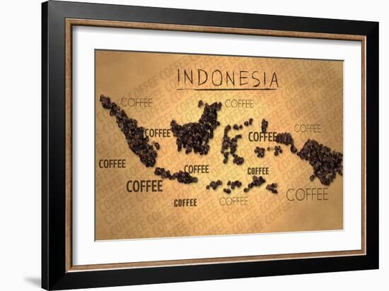 Indonesia Map Coffee Bean Producer on Old Paper-NatanaelGinting-Framed Art Print