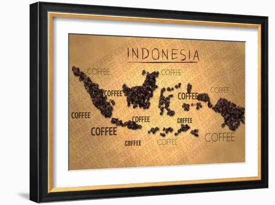 Indonesia Map Coffee Bean Producer on Old Paper-NatanaelGinting-Framed Art Print