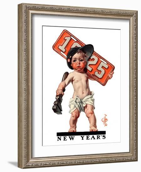 "Industrial New Years Baby with License Plate,"January 3, 1925-Joseph Christian Leyendecker-Framed Giclee Print