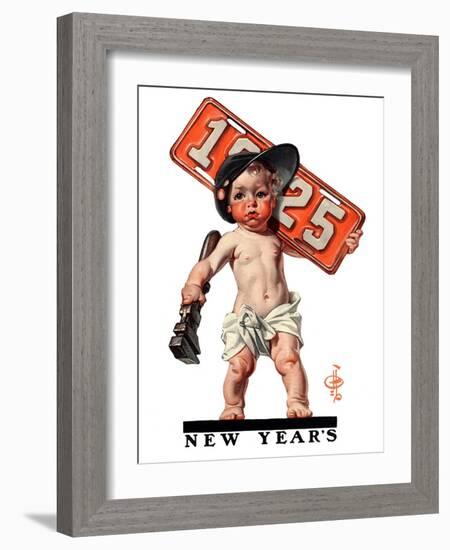 "Industrial New Years Baby with License Plate,"January 3, 1925-Joseph Christian Leyendecker-Framed Giclee Print