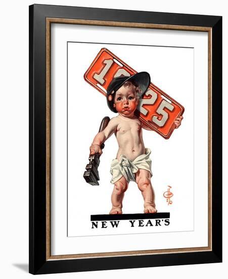 "Industrial New Years Baby with License Plate,"January 3, 1925-Joseph Christian Leyendecker-Framed Giclee Print