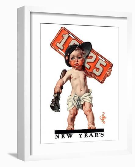 "Industrial New Years Baby with License Plate,"January 3, 1925-Joseph Christian Leyendecker-Framed Giclee Print