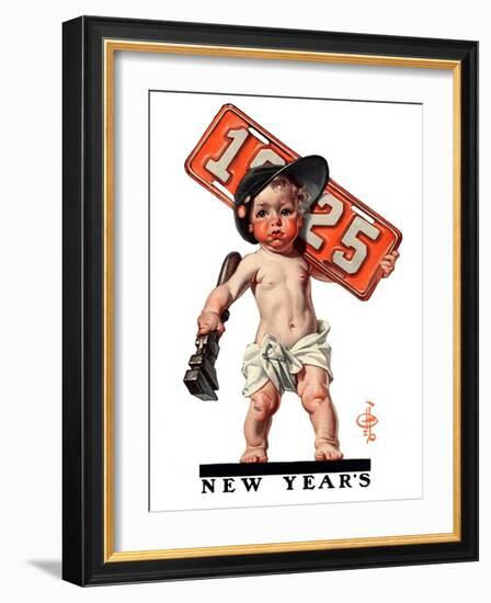 "Industrial New Years Baby with License Plate,"January 3, 1925-Joseph Christian Leyendecker-Framed Giclee Print