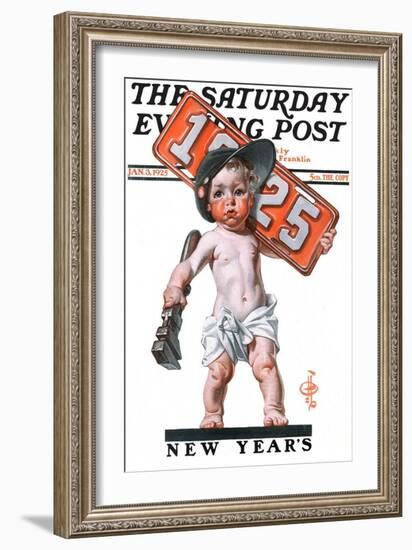 "Industrial New Years Baby with License Plate," Saturday Evening Post Cover, January 3, 1925-Joseph Christian Leyendecker-Framed Giclee Print