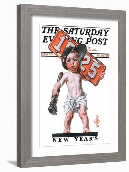 "Industrial New Years Baby with License Plate," Saturday Evening Post Cover, January 3, 1925-Joseph Christian Leyendecker-Framed Giclee Print