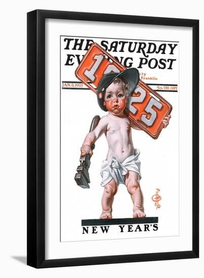 "Industrial New Years Baby with License Plate," Saturday Evening Post Cover, January 3, 1925-Joseph Christian Leyendecker-Framed Giclee Print