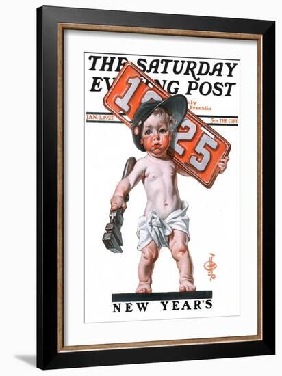 "Industrial New Years Baby with License Plate," Saturday Evening Post Cover, January 3, 1925-Joseph Christian Leyendecker-Framed Giclee Print