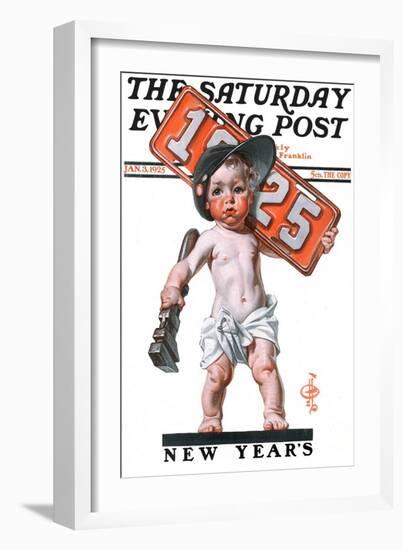 "Industrial New Years Baby with License Plate," Saturday Evening Post Cover, January 3, 1925-Joseph Christian Leyendecker-Framed Giclee Print