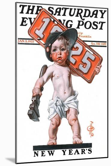 "Industrial New Years Baby with License Plate," Saturday Evening Post Cover, January 3, 1925-Joseph Christian Leyendecker-Mounted Giclee Print