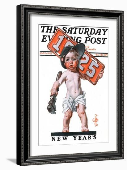 "Industrial New Years Baby with License Plate," Saturday Evening Post Cover, January 3, 1925-Joseph Christian Leyendecker-Framed Giclee Print