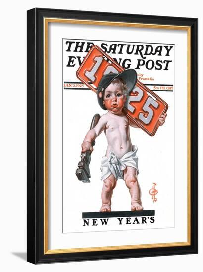 "Industrial New Years Baby with License Plate," Saturday Evening Post Cover, January 3, 1925-Joseph Christian Leyendecker-Framed Giclee Print