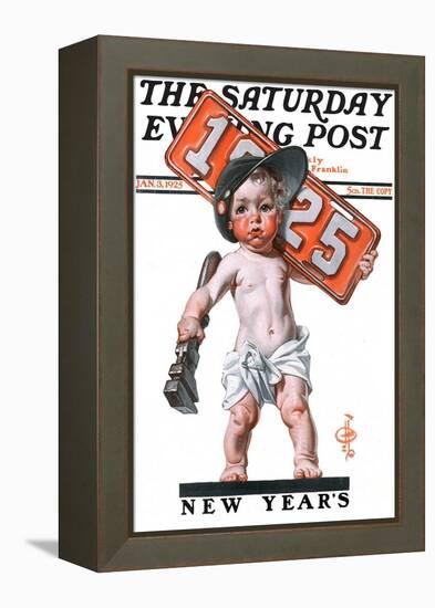 "Industrial New Years Baby with License Plate," Saturday Evening Post Cover, January 3, 1925-Joseph Christian Leyendecker-Framed Premier Image Canvas