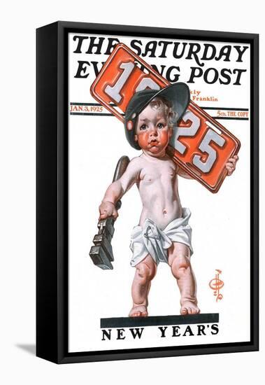 "Industrial New Years Baby with License Plate," Saturday Evening Post Cover, January 3, 1925-Joseph Christian Leyendecker-Framed Premier Image Canvas