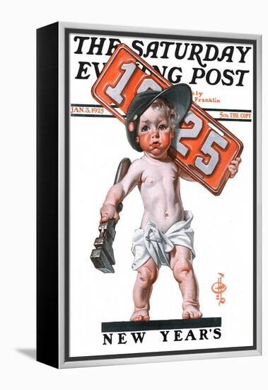 "Industrial New Years Baby with License Plate," Saturday Evening Post Cover, January 3, 1925-Joseph Christian Leyendecker-Framed Premier Image Canvas